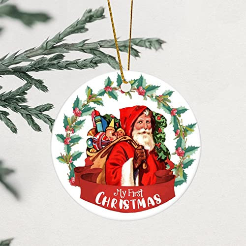 Frohe Weihnachten Weihnachtsmann Kranz Porzellan Ornament Keramik Andenken Weihnachtskranz 8,1 cm mit goldener Schnur beidseitig bedruckt Retro Brautpaar Ornament Verlobung Geschenk Hochzeit Urlaub