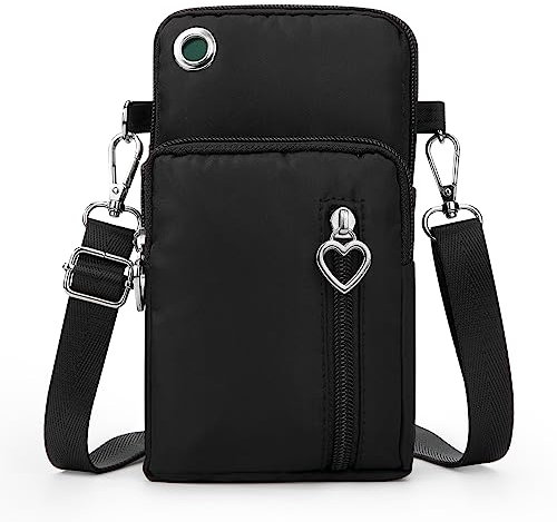 HOLEMZ Handytasche Umhängen Schwarz Mini Crossbody Schultertasche Klein Nylon Multifunktionale Brieftasche Verstellbar Geldbörse für Damen Frauen Mädchen mit Kopfhörer Eingang 4 Fächern