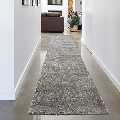 CARPETIA Langer Läufer Designer-Teppich modern orientalischer Stil • pflegeleicht • glänzend Silbergrau, 80 x 300 cm