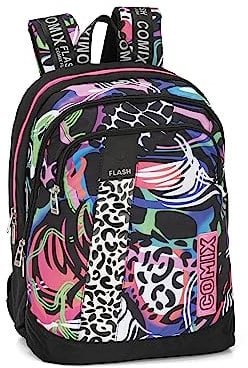 COMIX FLASH - Zaino Organizzato Scuola Media, Superiore e Elementare con 2 Ampi Spazi Centrali a Zip e Spallacci Regolabili, Vano Frontale e Tasche Laterali, Rosa/Nero - 32x43Hx23, 31 L