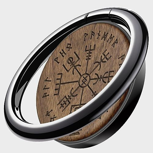 Carveit Wooden Cell Phone Ring Holder Finger Stand Metal Grip Hook Phone Kickstand Compatible With Galaxy S23 Ultra S22 iPhone 15 Pro Max 11 12 13 14 Pixel 7 6a-Walnut/Black/Viking [1 Pack]