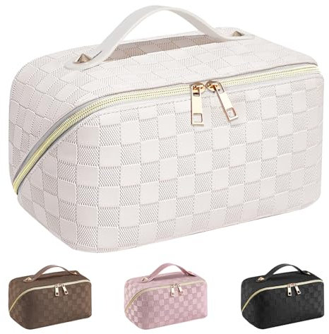 Kosmetiktasche Reise Damen,Make Up Tasche mit Groß Kapazität,PU Leder Portable Schminktasche Kulturtasche Organizer,Beauty Case für Reisezubehör Travel Essentials Women(Kariert-Weiß)