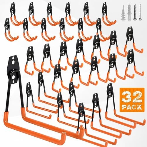 GUDEMAY 32 Stück Wandhaken Garage Schwerlast Haken mit Schrauben und Gummischutz, Garage Storage Hooks Platzsparende Aufbewahrung Wandhalterung für Werkzeug Fahrräder Leiter Ski Gartengeräte - Orange