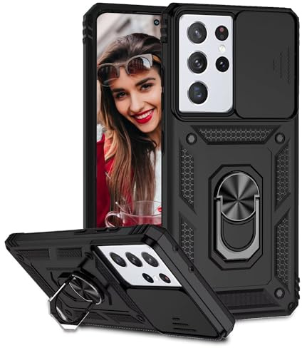 POUHYE Handyhülle für Samsung Galaxy S21 Ultra 5G Hülle, [Slide Camera] Hybrid Militärqualität Stoßfest Bumper Outdoor Handyhülle mit 360° Drehbarer Metall Ring Ständer Schutzhülle Case Schwarz