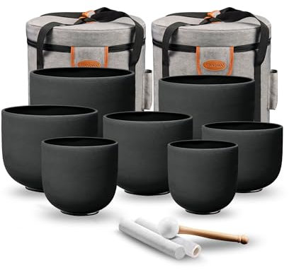 RYAN DVAN 7-12 Inch Set of 7 Pcs Black Color Quartz Crystal Singing Bowl Chakra Set with Free 2 pcs Carrying Case
