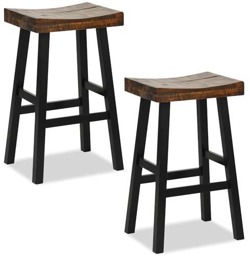 COSTWAY Bar Stools Set of 2, Solid Wood Saddle Seat Stools with Humanized Footrests, Retro Counter Height Breakfast Kitchen Stool for Home Pub Dining Room, 150kg Weight Capacity (45 x 35 x 74 cm)