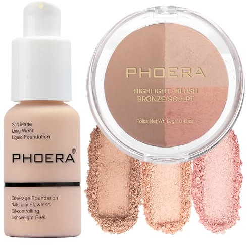 PHOERA Foundation, PHOERA Contour Palette Tonalità con evidenziatore, Bronzer e Rouge, Trucco PHOERA (101+ #001 Contour/Porcelain+#001, 110 g (Confezione da 1))