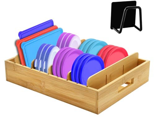 YIYADI Bambus Topfdeckelhalter,Deckel Organizer Küche mit 5 Verstellbaren Trennwänden und Mit einem Schwammtropfgestell,Lid Organiser Kitchen,Bamboo Lid Organiser für Küche,Bad,Zimmer