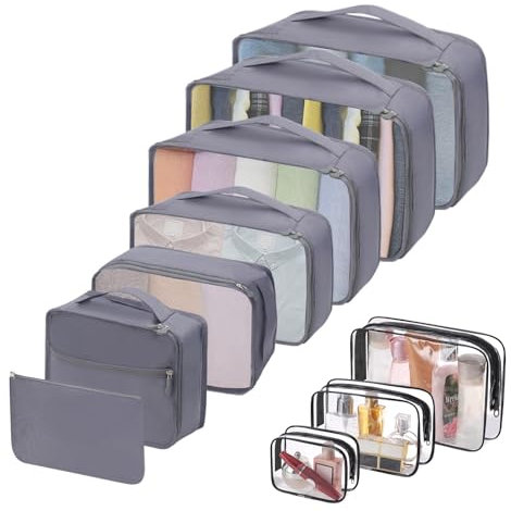 CNMTCCO Packing Cubes for Suitcases,10 PCS Travel Organiser Packing,Travel Luggage Packing Bags Set,Waterproof Essentials Bag,Clothes Shoes Cosmetics Storage Bags (Grey)
