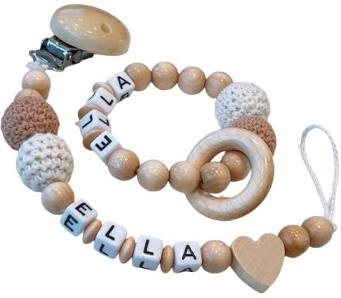 2er Set personalisierte Kette mit Namen für Junge in Blau Baby Geschenk personalisiert zur Geburt & Taufe Häkelperlen (Braun Beige Herz Set)