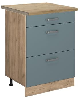 Vicco Küchenunterschrank R-Line, Blau-Grau/Goldkraft Eiche, 60 cm mit Schubladen, AP Eiche