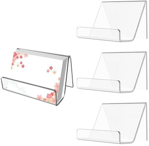 HBYMYDA 4 Pièces Porte-Cartes de Visite, Support Carte de Visite en Acrylique Transparent, Présentoir de Cartes de Visite pour Bureau, Hôtels et Plans de Travail (9×6.5×5cm)