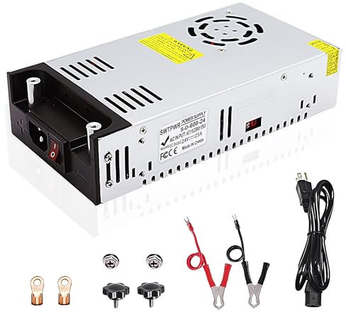 SWTPWR 24V 25A 600W AC to DC Converter - 110V/120V to 24V Transformer LED Driver with Smart Cooling Fan for LED Strip, CCTV and Car Devices