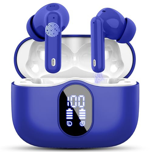 Wireless Earbuds, Bluetooth 5.4 Headphones In Ear with 4 ENC Mic, New Wireless Earphones Noise Cancelling Deep Bass, LED Display, Bluetooth Earbuds 36H Playtime, IP7 Waterproof Ear buds, USB-C, Blue