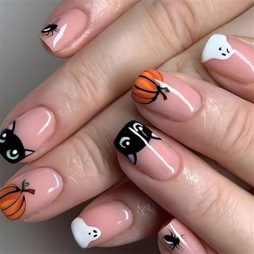 Press on Nails Short - 24Pcs False Nail Art Halloween - Cute Ghost Pumpkin Cartoon Cat Square Fake Nails - Acrylic French Stick on Nails with Glue - Fake Nails for Halloween Party Thanksgiving Day