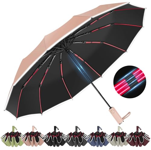 Regen- und sonnensicherer Faltschirm mit Reflektorstreifen, 12 rote Rippen (3 Rippen + 2 Rippen) Tragbarer, faltbarer Rucksack-Großschirm für Autos, kompakte Regenschirme für Männer und Frauen