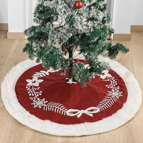 Christmas Tree Skirt, SEDEX 36 Inches Red Xmas Tree Skirts Luxury White Faux Fur Plush Base Cover Mat Christmas Tree Bottom Rug Covers Holiday Party Home Festival Decorations
