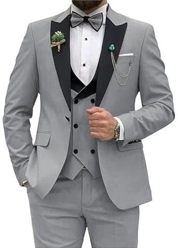 Men Slim Fit Suit 3 Piece Wedding Party Prom Suits One Button Jacket Vest and Pants Silver Grey