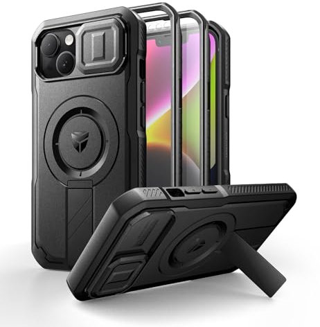 Dexnor for iPhone 13/14 Magnetic Case With Slide Camera Cover & Adjustable Kickstand & Built-in Screen Protector, Rugged Shockproof Bumper Cases Heavy-duty Cover - Night Black