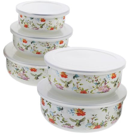 SHOWERORO 5pièces Set De Bols Émail Profonds Avec Couvercles Hermétiques Bols Multiusages Pour Salades Soupes Et Conservation Des Aliments Vaisselle Décorative De Cuisine Robuste