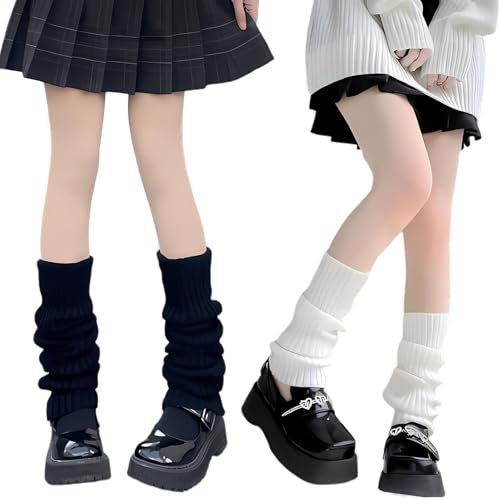 BENIFILE 2 Pairs White Black Leg Warmers 80s Y2k Ribbed Knit Legwarmers for Women Girls Ladies Leg Warmer UK Womens Fashion Ankle Warmers for Ballet Yoga Dance Ice Skating (40CM)