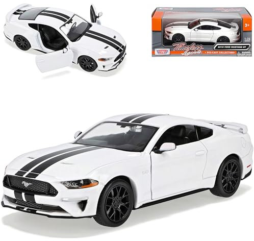 Motormax Ford Mustang VI Coupe Weiss mit Streifen in Schwarz Modell Ab 2014 Version ab Facelift 2017-2023 1/24 Modell Auto