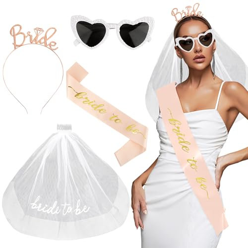 BOOMTOP 4pcs JGA Accessoires Frauen Schleier Bride To Be Schärpe Sonnenbrille Braut Haarreif Brauschleier mit Kamm Weiß Herz Brillen Perle Junggesellenabschied Deko Bachelorette Hochzeit Brautparty
