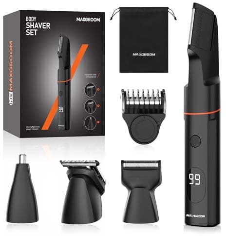 MAXGROOM 4 in 1 Men's Body Hair Trimmer, Electric Manscape Groomer | Magnetic heads, IPX6 Waterproof wet & dry use, LED display, 90-min runtime, USB-C fast charge, 1-9mm adjustable guide comb
