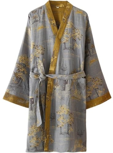 Japanese Style Bathrobe Gauze Sleeping Robe Summer Kimono Pajamas for Men Casual Daily or Meditation Spa Wear