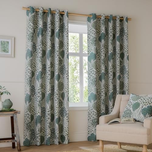 furn. Wylder Ophelia Room Darkening Eyelet Curtain Pair – Bold Botanical Floral Jacquard Drapes (Thyme/Mineral - L 183 x W 168cm - 2 Panels)