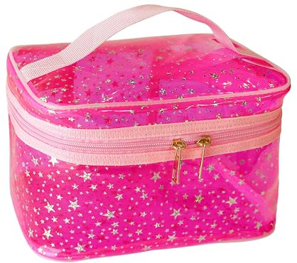TotePrint Star Pattern PVC Cosmetic Bag Waterproof Square Bucket Shape 22 x 14 x 14 cm Travel Makeup Organiser (Pack of 1), pink, Modern