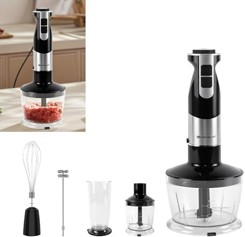 4-in-1 Hand Blender – Whisk, Blender & Chop, Food Processor, Vegetable Chopper, Stainless Steel Blades, 500ml Chopping Bowl, Whisk & Blender Attachments, 12 Speeds