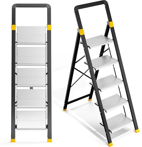 KINGRACK Trittleiter 5 Stufen Klappbar Aluminium, Klappleiter mit Handlauf, Haushaltsleiter Anti-Rutsch-Stabilem und Breitem Peda, Leiter bis 150kg Belastbar für Haushalt, Küche, Büro