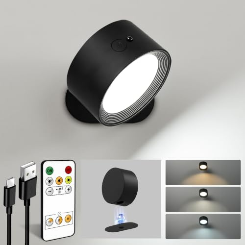 EZVALO LED Wall Lights, 2000mAh Rechargeable Wall Lights Indoor, 3 Color Temps with Remote and Touch Control, 360°Rotation Dimmable Cordless Wall Light for Living Room Bedroom (Black, 1 Pack)