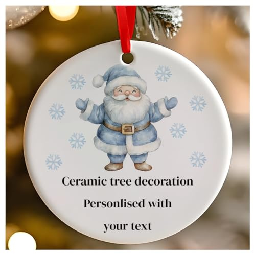 Personalised Blue Christmas Santa Claus Round Ceramic Hanging Tree Decoration, Babies 1st Christmas, First Xmas as Mr and Mrs - 7cm