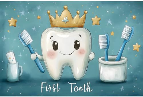 YongFoto My First Tooth Backdrop 5x3ft Cute Cartoon Crown Teeth Toothbrush Photography Background 1st Birthday Baby Party Banner Cake Table Decor Christening Infant Photoshoot Wallpaper Photo Booth