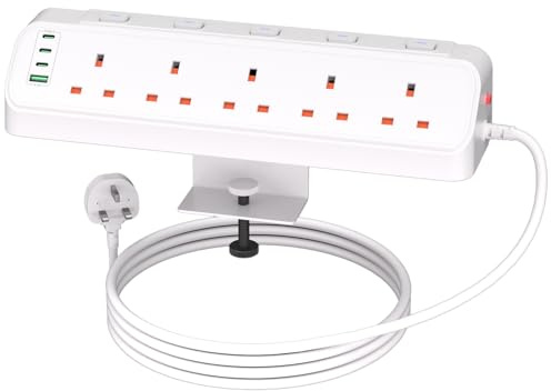 Desk Extension Lead 3M, BOCHLION 5 Way Desktop Power Socket Extension with 4 USB Slots, Surge Protected Power Strip with Removable Clamp, Individual Switches for Home Office Accessories-White