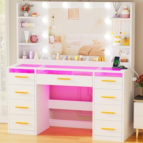 ANWBROAD Dressing Table with Mirror and RGB Lights Glass Top Vanity Desk | 3 Colors Large Makeup Vanity Table with Power Outlet,9 Drawers,4 Shelves White Bedroom Women YBDT95W