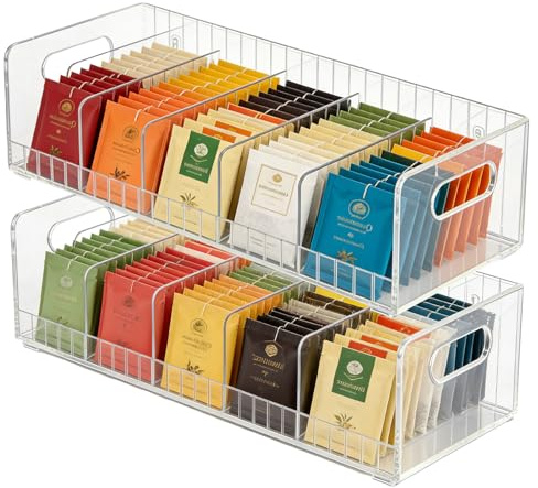 TOWEBOORY Boite a The en Acrylique, Boîte à Thé Empilable Support de Sachets de Thé à 2 Niveaux, avec Séparateurs Réglables, Transparente, pour Plans de Travail, Armoires de Cuisine
