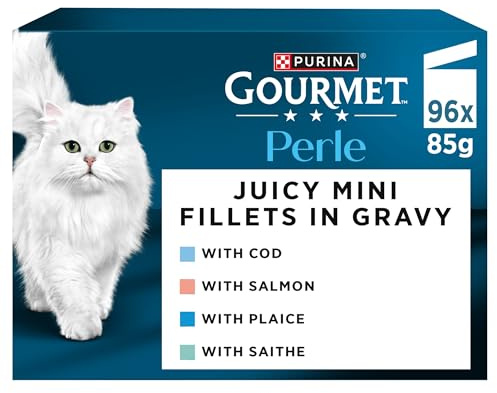 Gourmet | Perle | Les Ebröseln des Ozeans | ausgewogenes Futter für ausgewachsene Katzen | Stücke in Sauce | MSC-zertifizierter Fisch: Lachs, Segel, Karrelet, Kabeljau | Frischhaltebeutel | 96 x 85 g