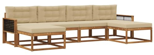 vidaXL Outdoor-Sofagarnitur mit Kissen 6 pcs Natur und Beige, Moderne Akazien-Gartenmöbel, wetterfester Sofa-Set, stylische Sitzgelegenheit für Terrasse und Pool