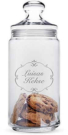Casa Vivente Keksglas mit Gravur und Deckel, Vintage Romantisch, Personalisiert mit Namen, Keksdose, Vorratsglas, Geschenkidee zum Geburtstag, Weihnachtsgeschenke