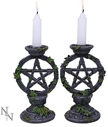 Nemesis Now B2539G6 Wiccan Pentagramm Kerzenständer Set mit 2 Kerzenhaltern 15 cm schwarz Harz