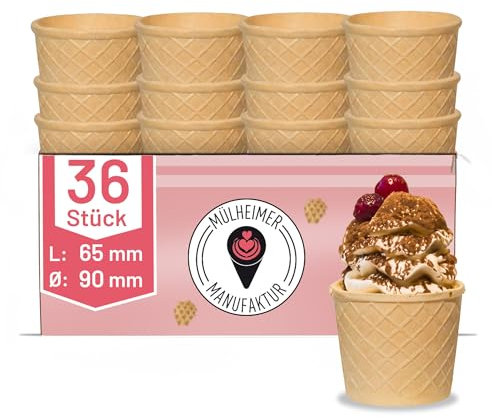 MyNaschbar Waffelbecher VEGAN rund, 36 Stück, 250 ml, 65 mm lang, Ø90 mm – Knusprige Softeisbecher zum Befüllen – für Eis, Softeis oder als Backform für Muffin & Cupcakes