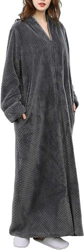 DSNOW Accappatoio lungo da donna in pile con cerniera, Grigio, XL
