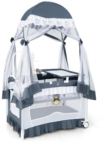 COSTWAY Lettino da Campeggio per Bambini, Culla Pieghevole con Fasciatoio Zanzariera, Box Neonati con Giocattoli, Ruote, per Bambini 0-36 Mesi (Grigio)