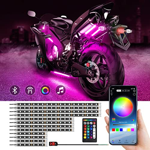 Kit de 12 lumières LED, bande LED RVB pour moto avec mode musique, fonction de feu stop multicolore, contrôle par application sans fil, DC 12 V