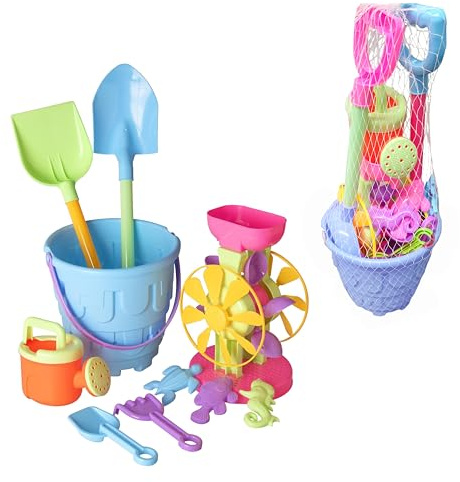 VOS Sand Toy Set - Pack of 10 | Beach Toys for Adults - Includes Water Wheel, Beach Tool Kit Bucket, Watering Can, 3 - Shape Molds