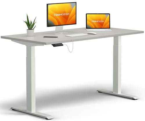 KRIEG HighDesk Basic Höhenverstellbarer Schreibtisch 160 x 80 cm I Weiß + Grau - Elektrischer Sitz- & Stehtisch mit Tischplatte - Stehschreibtisch Elektrisch Höhenverstellbar
