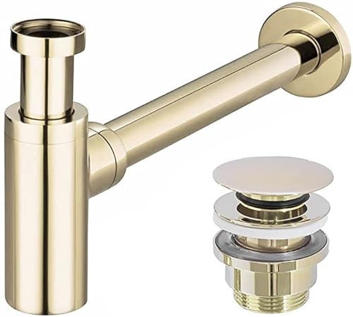 VBChome Waschtisch-Siphon + Click Clack Gold Universell Modern Elegantes Design Hochwertiger Flaschensiphon Einfache und Schnelle Montage Top Qualität
